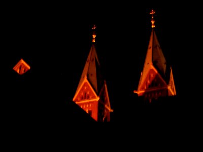 Franciscan church Maribor towers at night