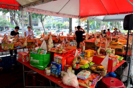 Offering Boxes on Table with Triangle Flags in 2015 Ghost Festival of Futai Village 20150822