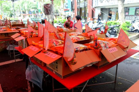 Offering Boxes on Table with Triangle Flags in 2015 Ghost Festival of Futai Village 20150822b