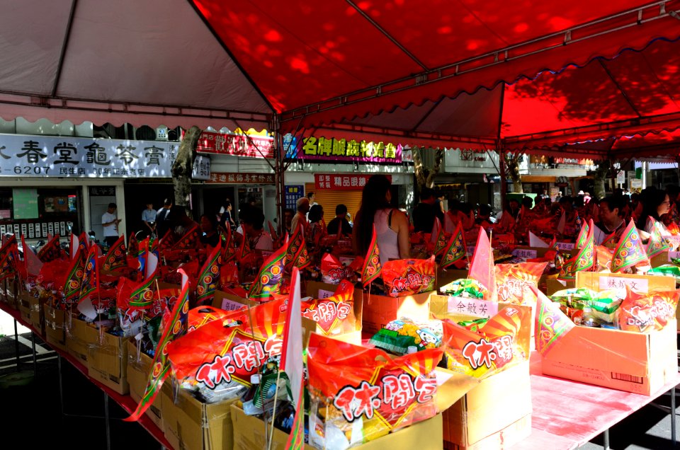 Offering Boxes with Triangle Flags on Table under Tent in 2016 Futai Village Ghost Festival 20160814a