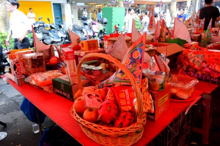 Offering Items on Table with Triangle Flags in 2015 Ghost Festival of Futai Village 20150822c