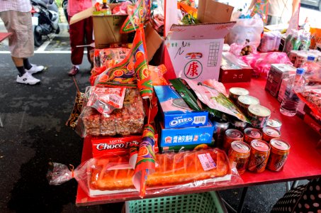 Offering Items on Table with Triangle Flags in 2015 Ghost Festival of Futai Village 20150822a