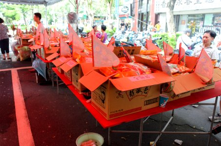 Offering Boxes on Table with Triangle Flags in 2015 Ghost Festival of Futai Village 20150822a