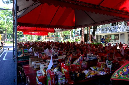 Offering Boxes with Triangle Flags on Table under Tent in 2016 Futai Village Ghost Festival 20160814b