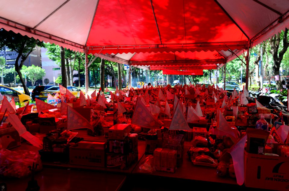 Offering Item Boxes on Tables Under Ghost Festival Tent 20160814a