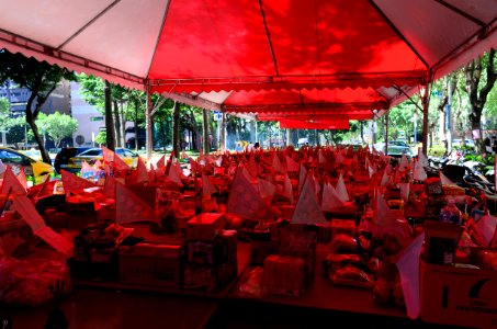 Offering Item Boxes on Tables Under Ghost Festival Tent 20160814a