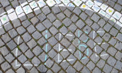 360 Kreise als Abstandsmarkierungen in der Corona-Krise, Düsseldorf Rheinufer, 15. Juli 2020