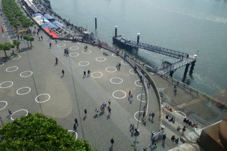 360 Kreise als Abstandsmarkierungen in der Corona-Krise, Düsseldorf Rheinufer, 11. Juni 2020 (2)