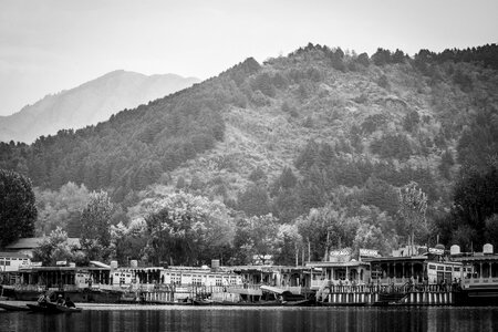 Black and white landscape dal lake house boats photo