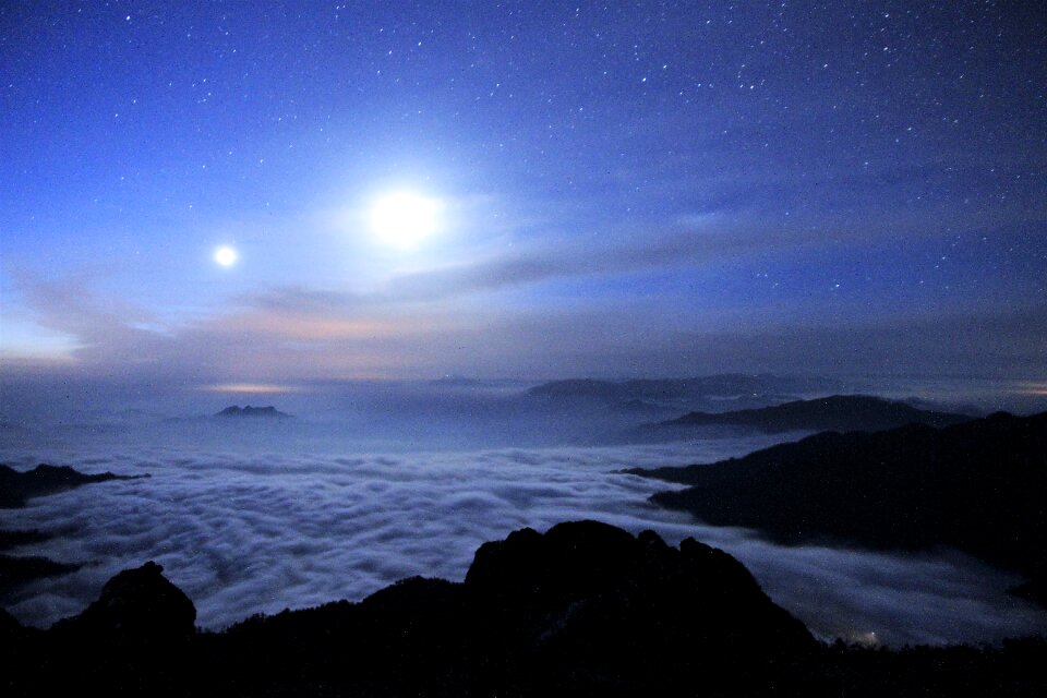 Starry sky clouds four people with