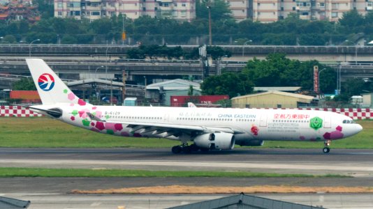 China Eastern Airlines Airbus A330-343 B-6129 Landing down Taipei Songshan Airport Runway 20141008