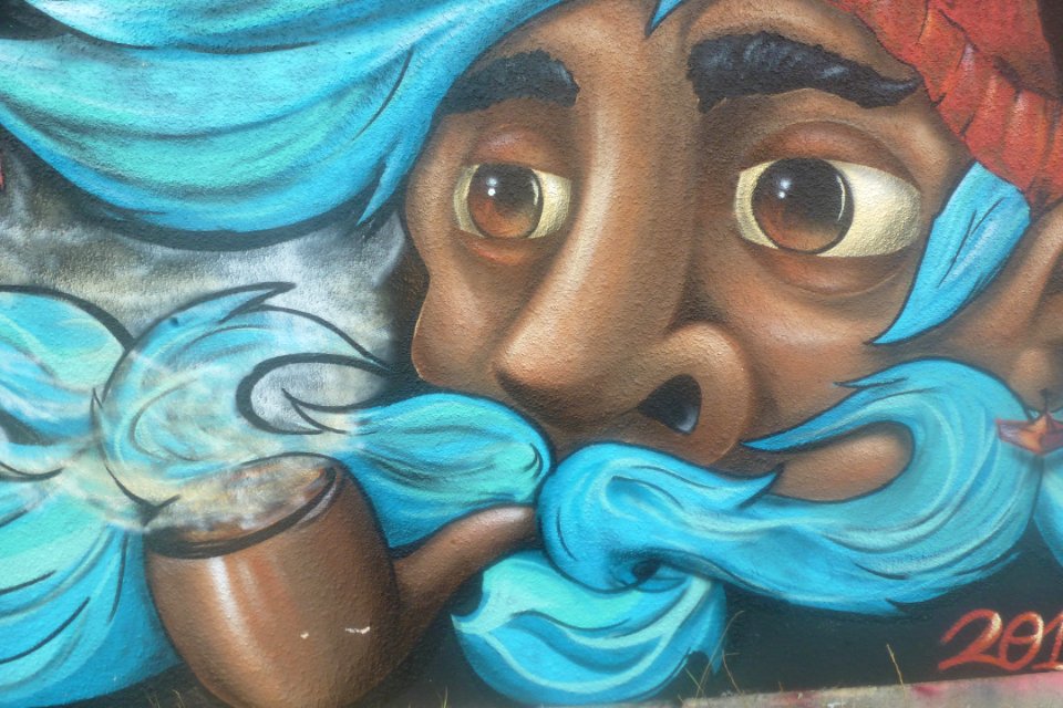 Détail d'une fresque murale d'une maison inachevée de Pirou