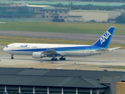 ANA Boeing 767-381ER JA607A Taxiing in Taipei Songshan Airport Apron 20131031