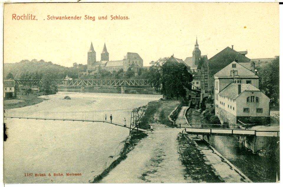 01187-Rochlitz-1899-Schloß, Mulde, Brücke und Schwankender Steg-Brück & Sohn Kunstverlag