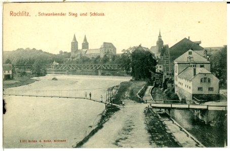 01187-Rochlitz-1899-Schloß, Mulde, Brücke und Schwankender Steg-Brück & Sohn Kunstverlag