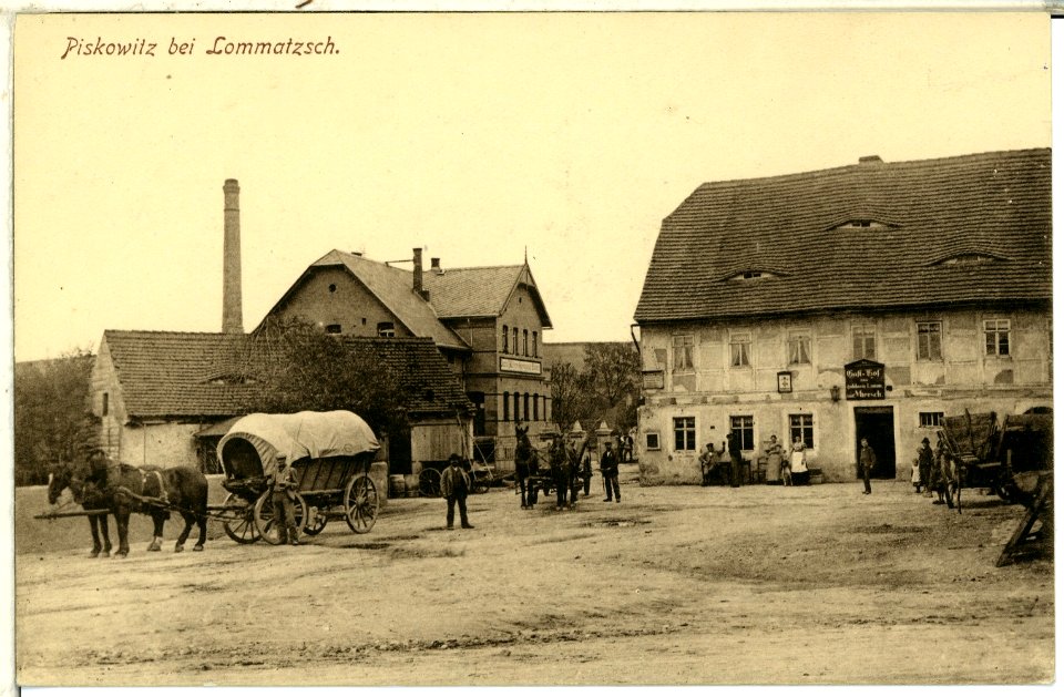 01102-Piskowitz-1899-Gasthof zum goldenen Lamm mit Pferdefuhrwerk-Brück & Sohn Kunstverlag
