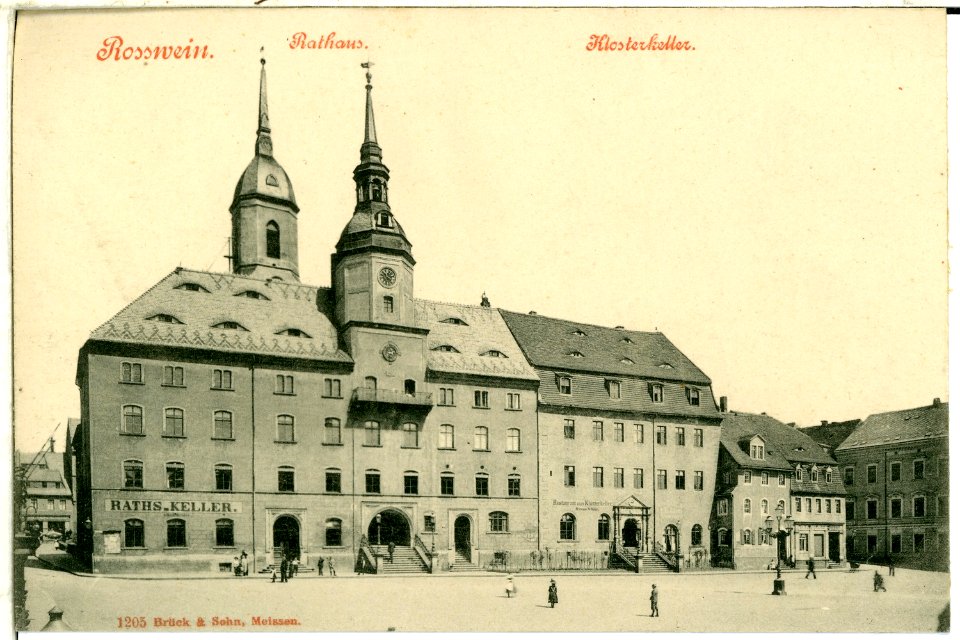 01205-Roßwein-1899-Rathaus, Klosterkeller-Brück & Sohn Kunstverlag