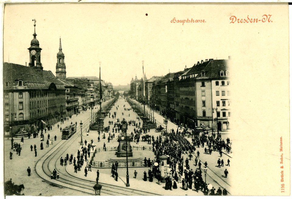 01195-Dresden-1899-Hauptstraße, Dreikönigskirche und Goldener Reiter-Brück & Sohn Kunstverlag