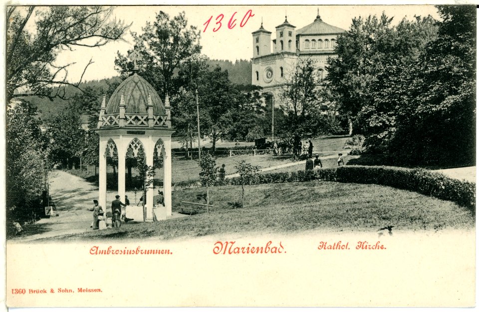 01360-Marienbad-1899-Katholische Kirche, Ambrosiusbrunnen-Brück & Sohn Kunstverlag