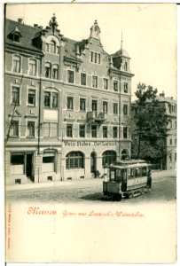 01117-Meißen-1899-Lantzschs Weinstuben mit Straßenbahn-Brück & Sohn Kunstverlag