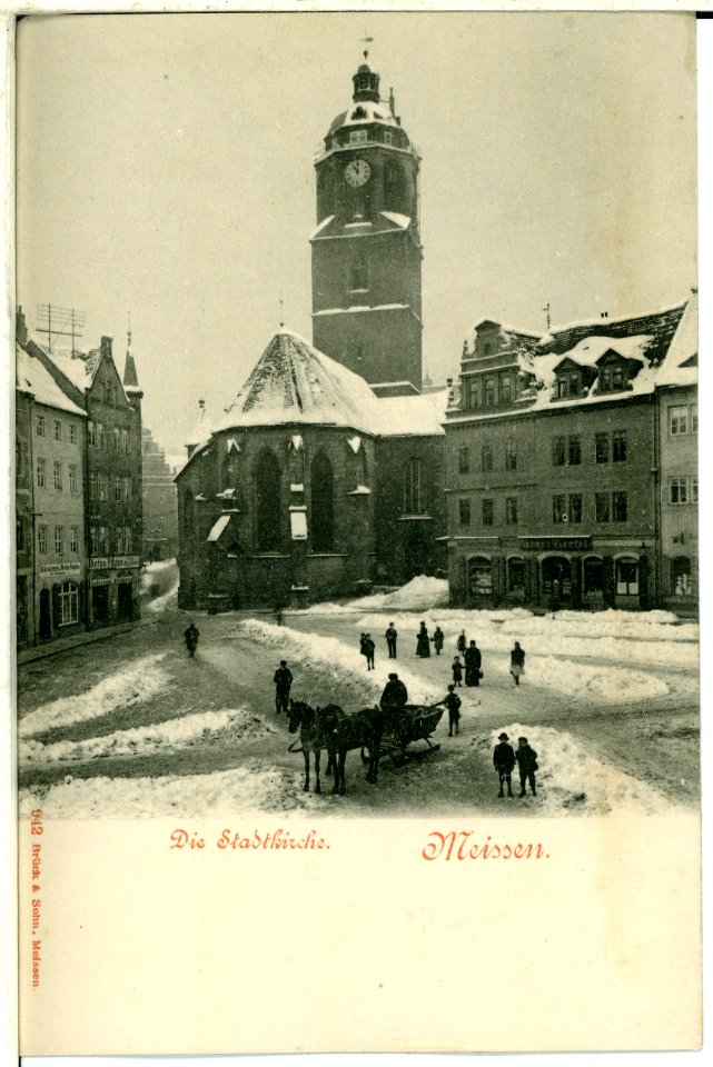 00942-Meißen-1899-Frauenkirche und Markt mit Pferdeschlitten im Winter-Brück & Sohn Kunstverlag