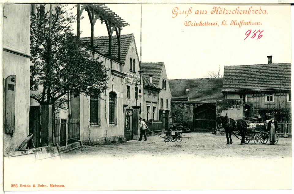 00986-Kötzschenbroda-1899-Kuffenhaus und Pferdefuhrwerk, Weinkelterei-Brück & Sohn Kunstverlag