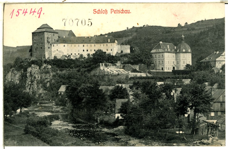 01040-Petschau-1899-Blick nach Petschau, Schloß-Brück & Sohn Kunstverlag