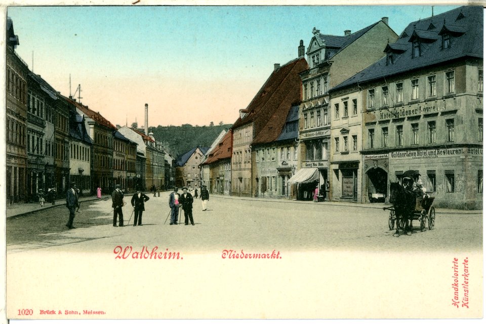 01020-Waldheim-1899-Niedermarkt mit Fuhrwerk und Leuten-Brück & Sohn Kunstverlag