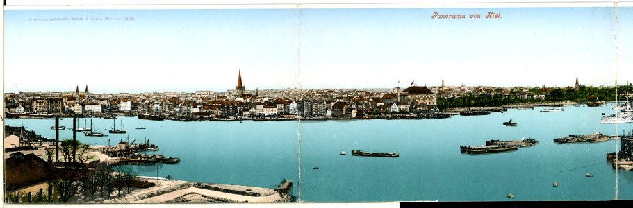 01005-Kiel-1899-Panorama (3-teilig) Stadtansicht mit Hafen und Schiffen-Brück & Sohn Kunstverlag