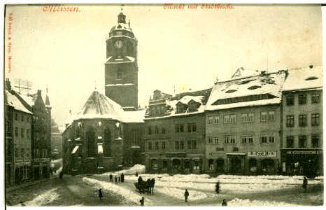00940-Meißen-1899-Marktplatz mit Kirche und Pferdeschlitten-Brück & Sohn Kunstverlag