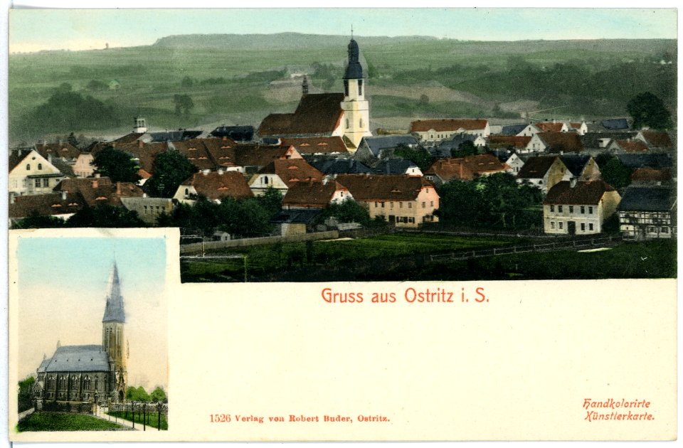 01526-Ostritz-1901-Blick auf Ostritz, Kirche-Brück & Sohn Kunstverlag