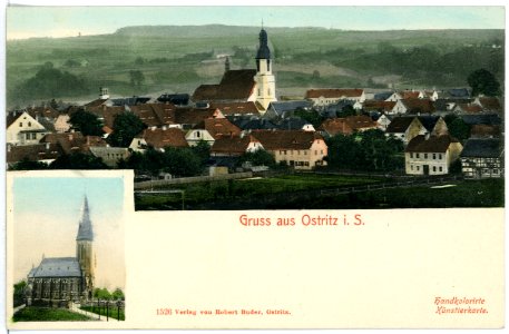 01526-Ostritz-1901-Blick auf Ostritz, Kirche-Brück & Sohn Kunstverlag