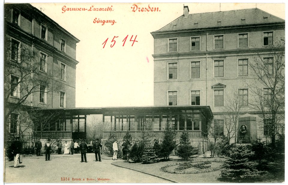 01514-Dresden-1900-Garnison-Lazarett, Eingang-Brück & Sohn Kunstverlag