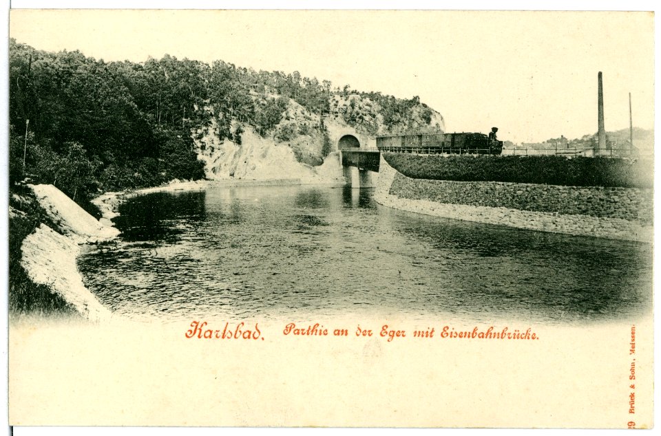 01629-Karlsbad-1901-Partie an der Eger mit Eisenbahnbrücke-Brück & Sohn Kunstverlag