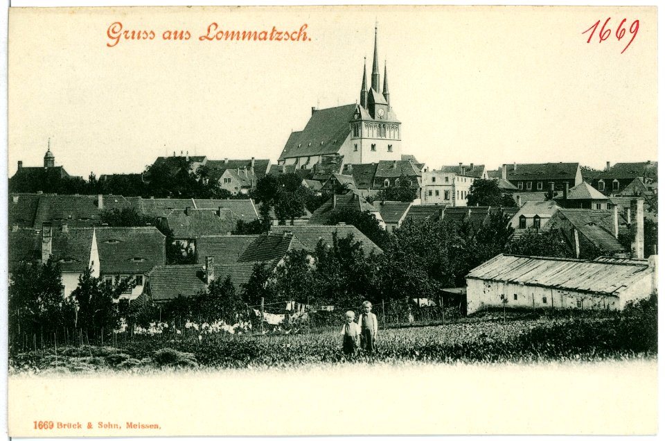 01669-Lommatzsch-1901-Ansicht mit Kirche-Brück & Sohn Kunstverlag