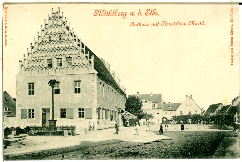 00813-Mühlberg a. d. Elbe-1898-Rathaus mit Neustädter Markt-Brück & Sohn Kunstverlag