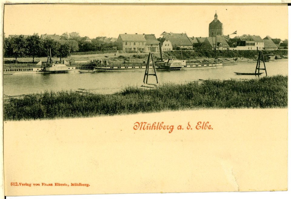 00812-Mühlberg a. d. Elbe-1898-Blick auf die Stadt von der Elbe mit 2 Dampfern-Brück & Sohn Kunstverlag