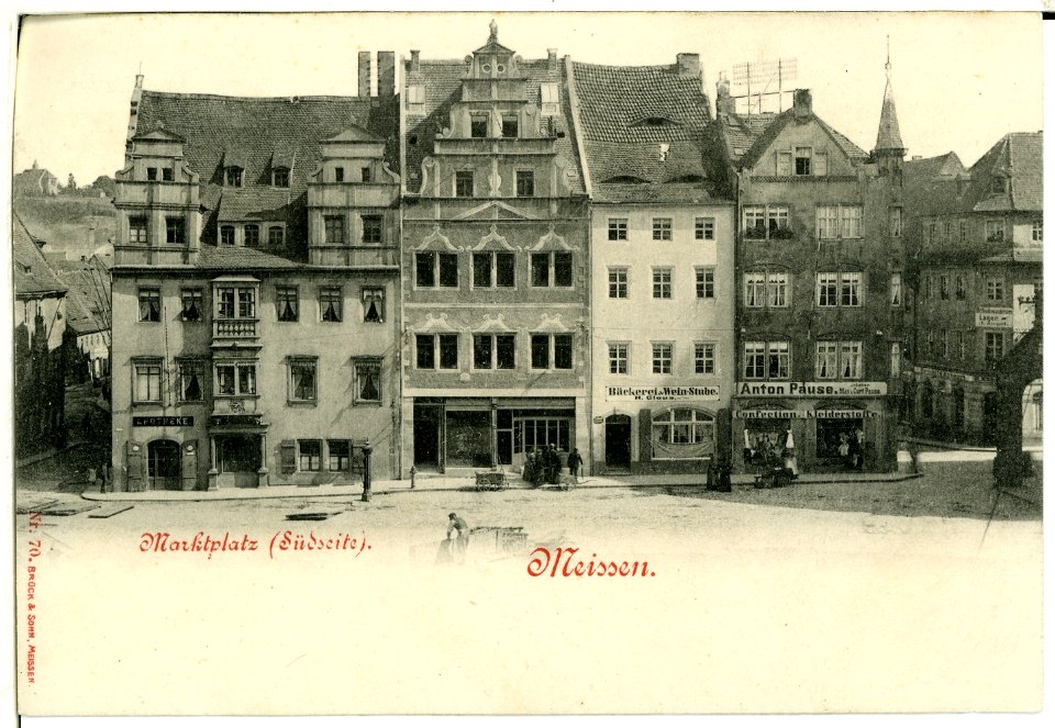 00070-Meißen-1898-Marktplatz-Südseite mit Apotheke, Bäckerei, A. Pause-Brück & Sohn Kunstverlag