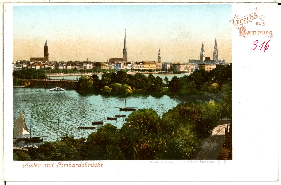 00316-Hamburg-1898-Alster und Lombardbrücke-Brück & Sohn Kunstverlag