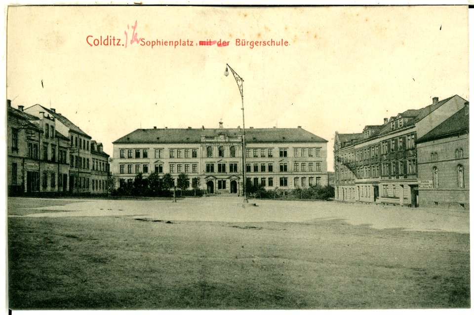 00441-Colditz-1898-Sophienplatz mit Bürgerschule-Brück & Sohn Kunstverlag