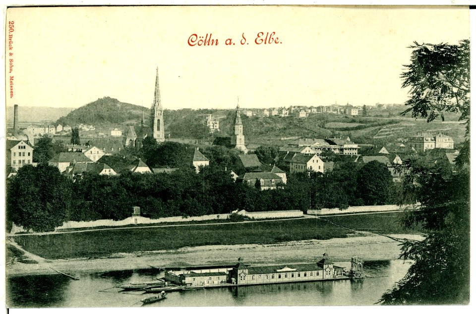 00250-Cölln a. d. Elbe-1898-Ansicht (Kirchen und Elbebad)-Brück & Sohn Kunstverlag