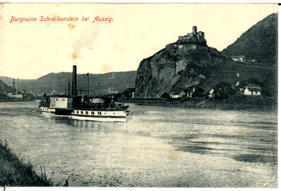 00855-Aussig-1898-Schreckenstein mit Elbe und Dampfer Prinz Georg-Brück & Sohn Kunstverlag