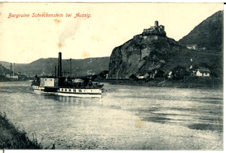 00855-Aussig-1898-Schreckenstein mit Elbe und Dampfer Prinz Georg-Brück & Sohn Kunstverlag