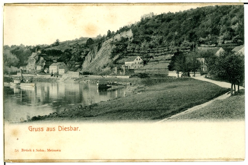 00058-Diesbar-1898-Elbbogen mit Weinberg und Dampfer-Brück & Sohn Kunstverlag