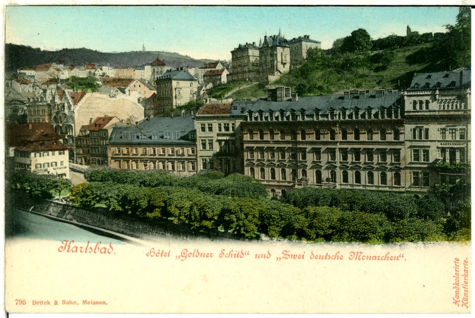 00795-Karlsbad-1898-Hotel "Goldener Schild" und "Zwei deutsche Monarchen"-Brück & Sohn Kunstverlag