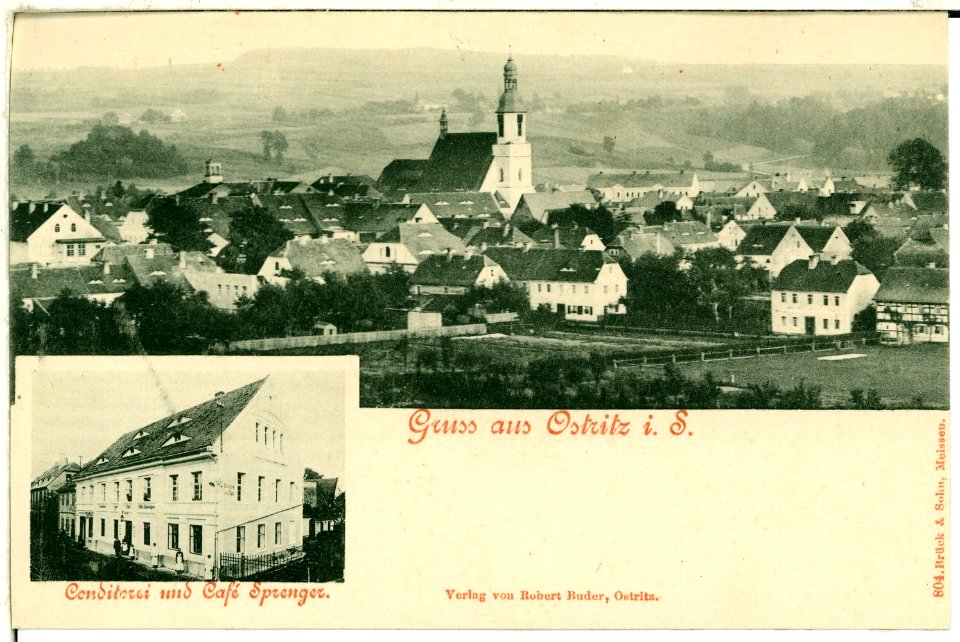 00804-Ostritz Sachsen-1898-Blick auf Ostritz und Konditorei Sprenger-Brück & Sohn Kunstverlag