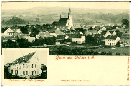 00804-Ostritz Sachsen-1898-Blick auf Ostritz und Konditorei Sprenger-Brück & Sohn Kunstverlag