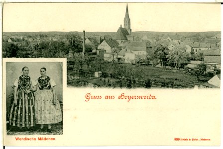 00889-Hoyerswerda-1898-Wendische Mädchen und Blick zur Stadt-Brück & Sohn Kunstverlag