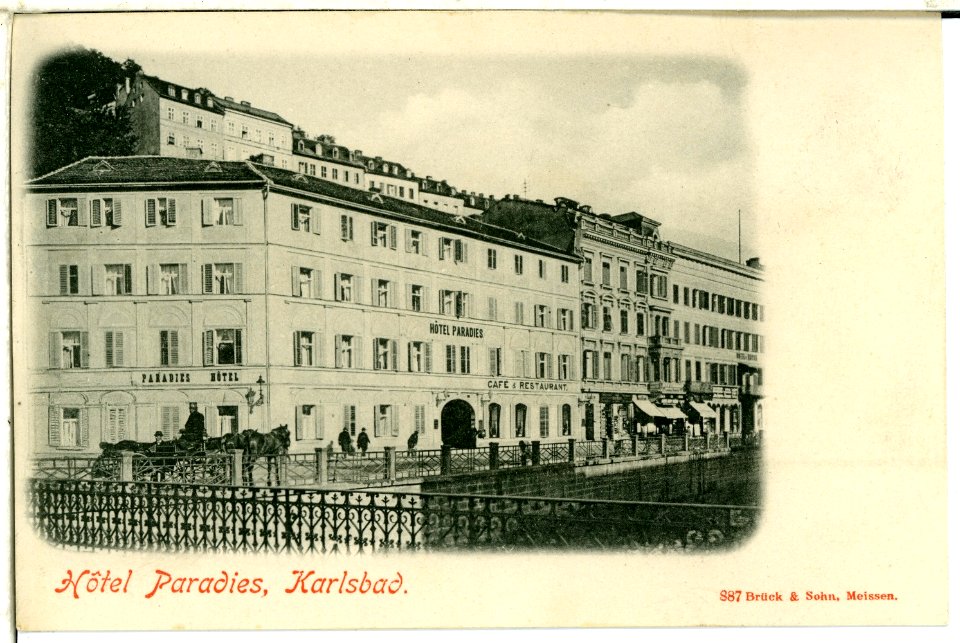 00887-Karlsbad-1898-Hotel Paradies mit Pferdekutsche-Brück & Sohn Kunstverlag