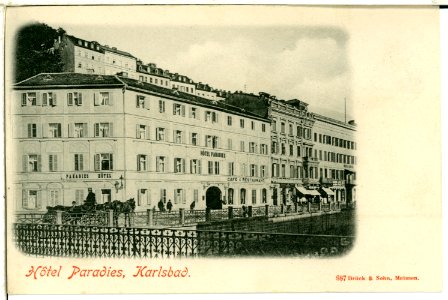 00887-Karlsbad-1898-Hotel Paradies mit Pferdekutsche-Brück & Sohn Kunstverlag